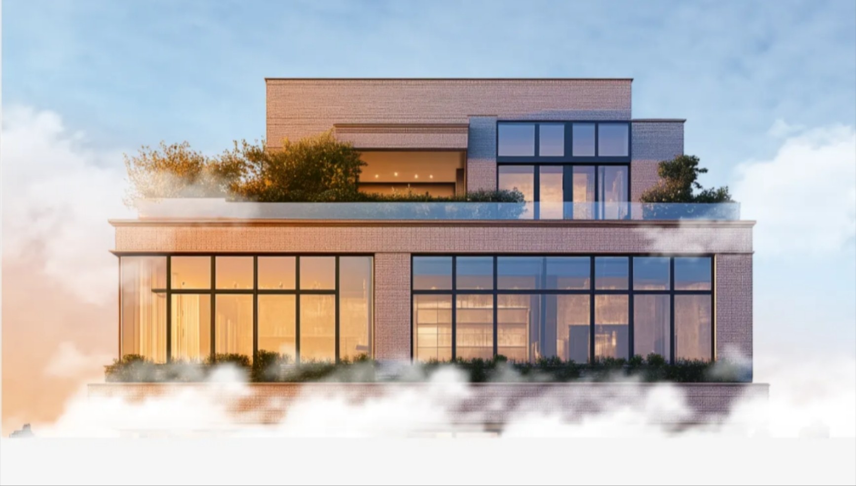 Modern brick villa with glass windows and rooftop garden at sunset